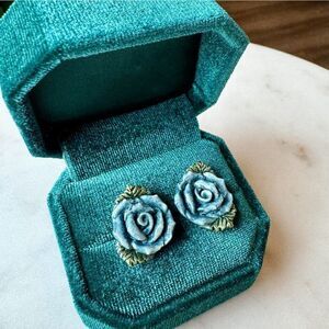 Vintage Ceramic Painted Blue Rose Post Earrings Retro Floral Hand Crafted Dainty